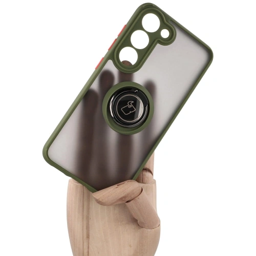 Etui z uchwytem na palec Bizon Case Hybrid Ring do Samsung Galaxy S23 przydymione z zieloną ramką