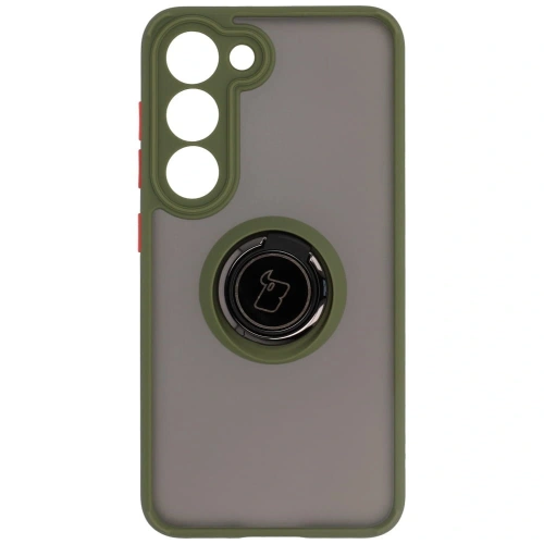 Etui z uchwytem na palec Bizon Case Hybrid Ring do Samsung Galaxy S23 przydymione z zieloną ramką