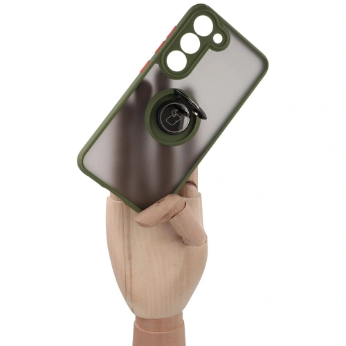 Etui z uchwytem na palec Bizon Case Hybrid Ring do Samsung Galaxy S23 przydymione z zieloną ramką
