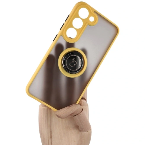 Etui z uchwytem na palec Bizon Case Hybrid Ring do Samsung Galaxy S23 przydymione z żółtą ramką