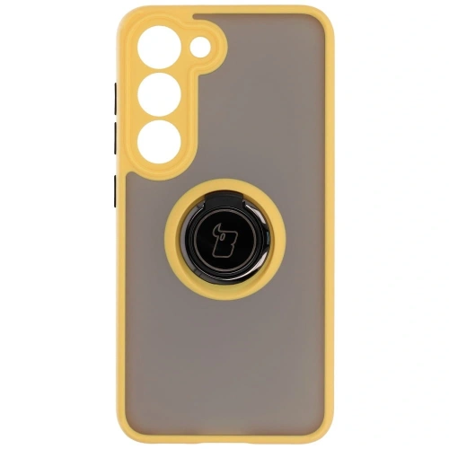 Etui z uchwytem na palec Bizon Case Hybrid Ring do Samsung Galaxy S23 przydymione z żółtą ramką