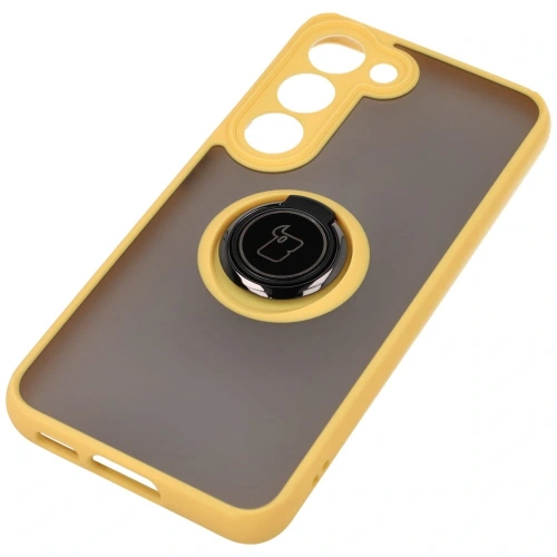 Etui z uchwytem na palec Bizon Case Hybrid Ring do Samsung Galaxy S23 przydymione z żółtą ramką