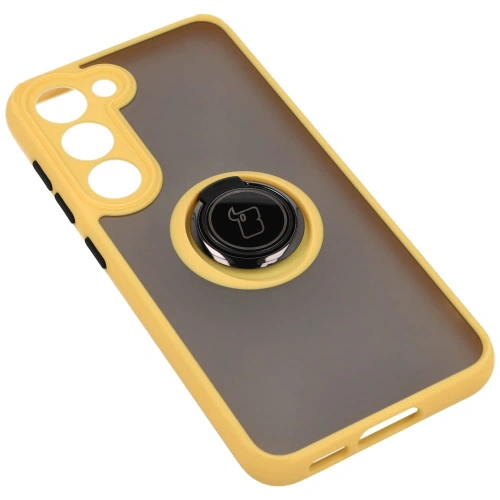 Etui z uchwytem na palec Bizon Case Hybrid Ring do Samsung Galaxy S23 przydymione z żółtą ramką