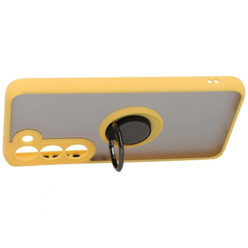 Etui z uchwytem na palec Bizon Case Hybrid Ring do Samsung Galaxy S23 przydymione z żółtą ramką