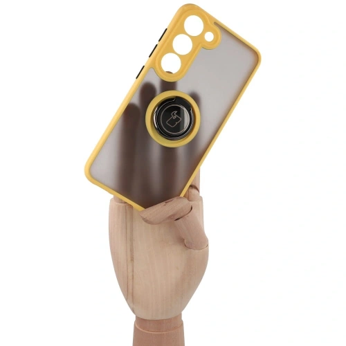 Etui z uchwytem na palec Bizon Case Hybrid Ring do Samsung Galaxy S23 przydymione z żółtą ramką