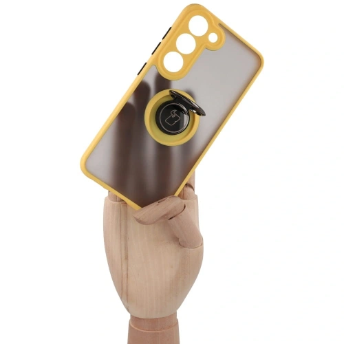 Etui z uchwytem na palec Bizon Case Hybrid Ring do Samsung Galaxy S23 przydymione z żółtą ramką