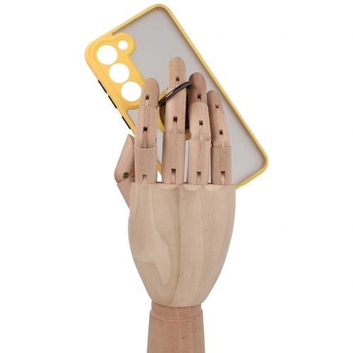 Etui z uchwytem na palec Bizon Case Hybrid Ring do Samsung Galaxy S23 przydymione z żółtą ramką