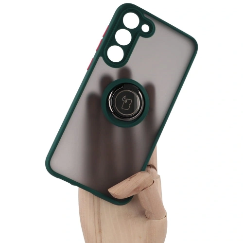 Etui z uchwytem na palec Bizon Case Hybrid Ring do Samsung Galaxy S23 Plus przydymione z ciemnozieloną ramką