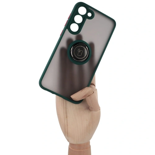 Etui z uchwytem na palec Bizon Case Hybrid Ring do Samsung Galaxy S23 Plus przydymione z ciemnozieloną ramką