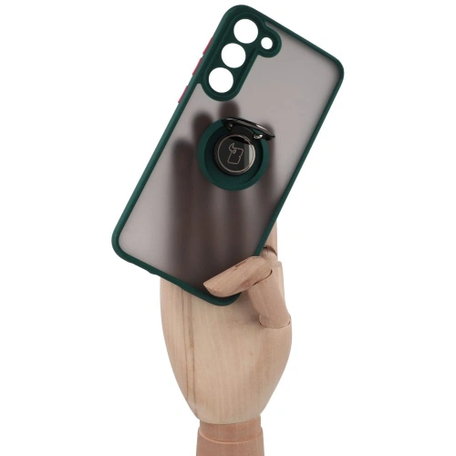 Etui z uchwytem na palec Bizon Case Hybrid Ring do Samsung Galaxy S23 Plus przydymione z ciemnozieloną ramką
