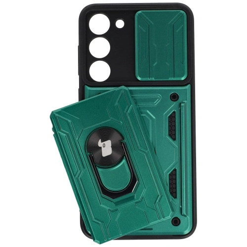 Etui Bizon Case Camshield Card Slot Ring do Samsung Galaxy S23 Plus zielone