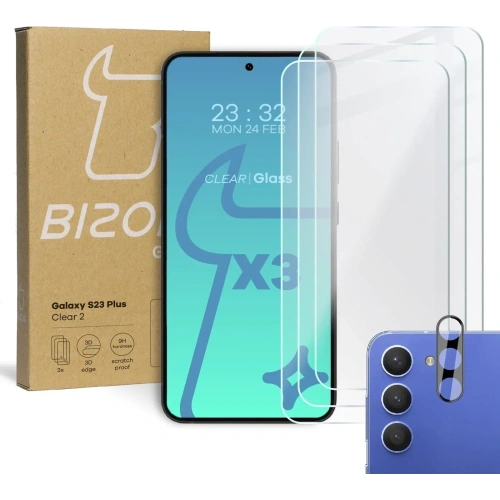 3x Szkło na ekran + szkło na aparat BIZON Clear 2 do Samsung Galaxy S23 Plus