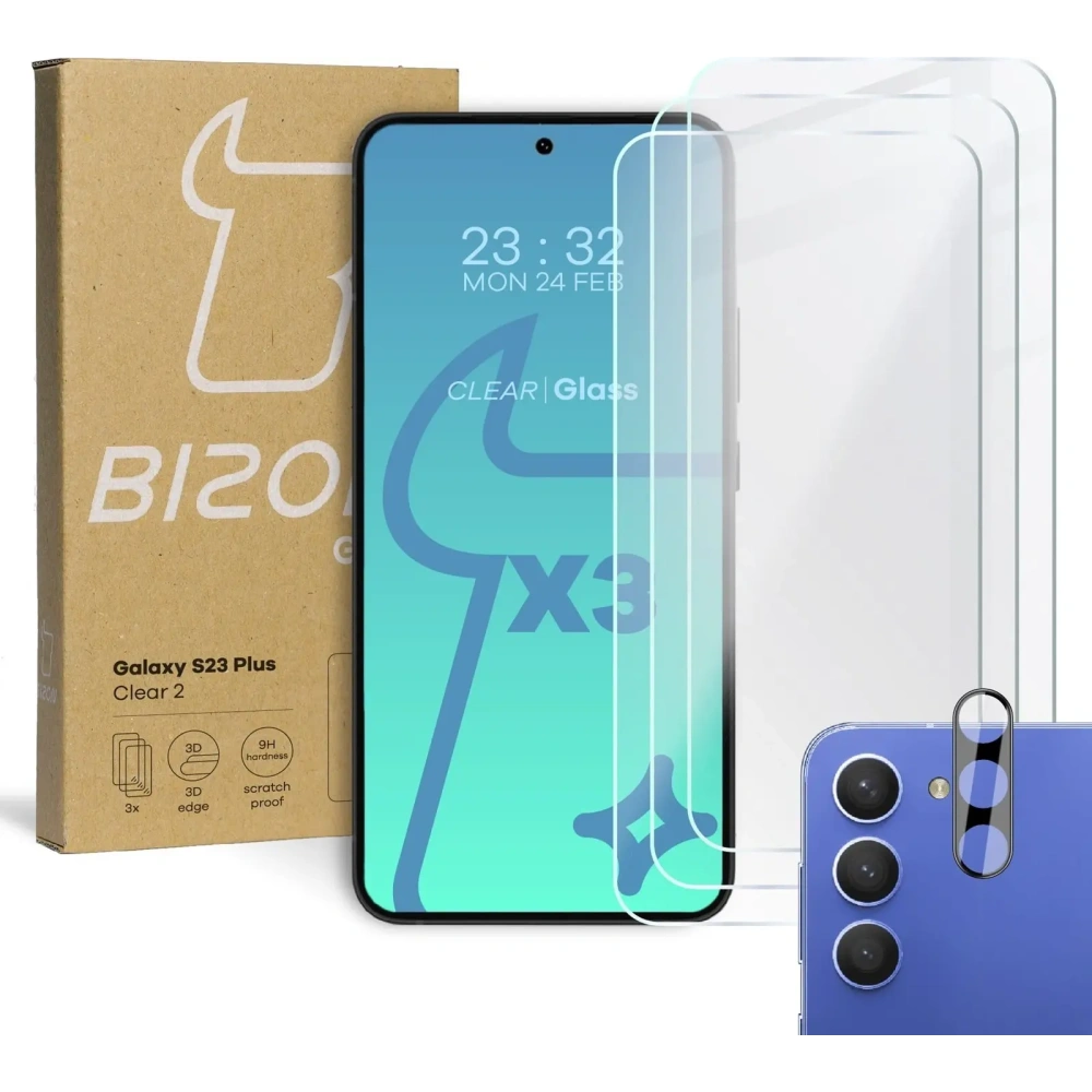 Wholesale BIZON Clear 2 3x screen glass + camera glass Samsung Galaxy S23 Plus - BIZ1728 - {ean13} - Hurt