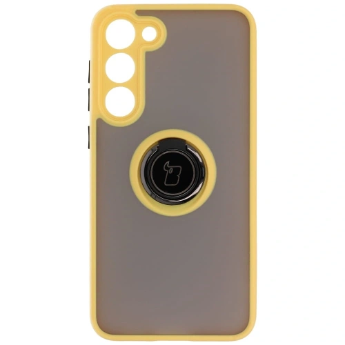 Etui z uchwytem na palec Bizon Case Hybrid Ring do Samsung Galaxy S23 Plus przydymione z żółtą ramką