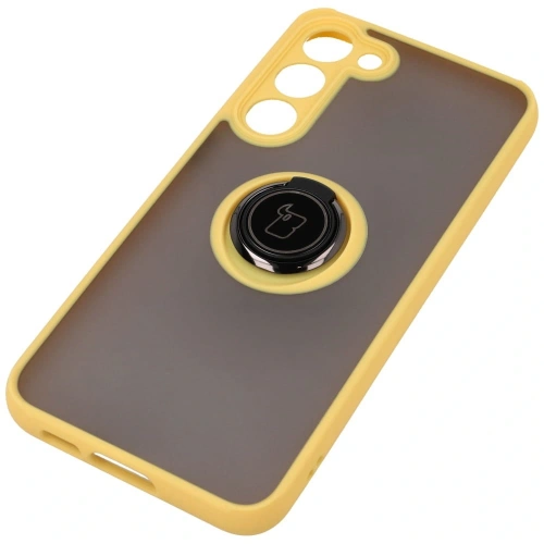 Etui z uchwytem na palec Bizon Case Hybrid Ring do Samsung Galaxy S23 Plus przydymione z żółtą ramką