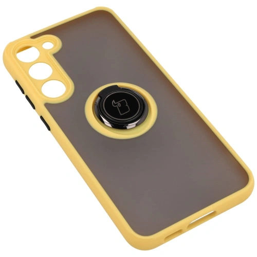 Etui z uchwytem na palec Bizon Case Hybrid Ring do Samsung Galaxy S23 Plus przydymione z żółtą ramką