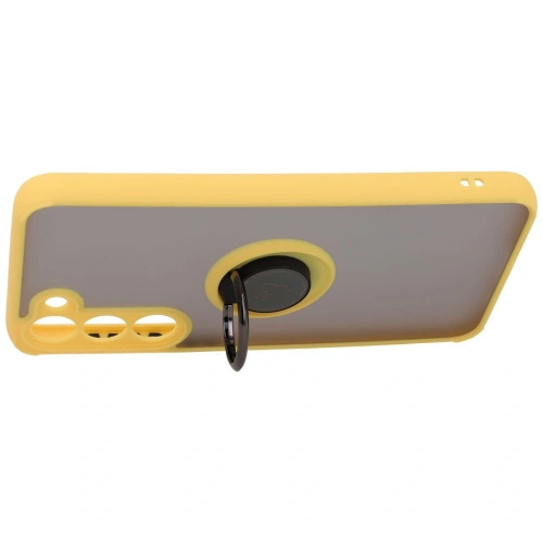 Etui z uchwytem na palec Bizon Case Hybrid Ring do Samsung Galaxy S23 Plus przydymione z żółtą ramką