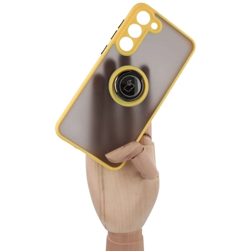 Etui z uchwytem na palec Bizon Case Hybrid Ring do Samsung Galaxy S23 Plus przydymione z żółtą ramką