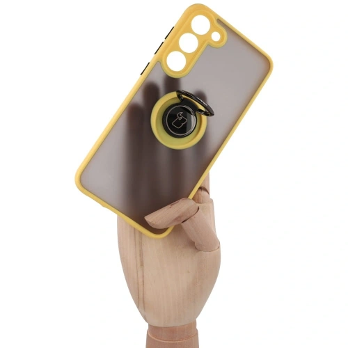 Etui z uchwytem na palec Bizon Case Hybrid Ring do Samsung Galaxy S23 Plus przydymione z żółtą ramką