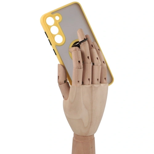 Etui z uchwytem na palec Bizon Case Hybrid Ring do Samsung Galaxy S23 Plus przydymione z żółtą ramką