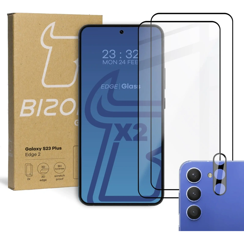Wholesale BIZON Edge 2 2x screen glass + camera glass Samsung Galaxy S23 Plus - BIZ1730 - {ean13} - Hurt
