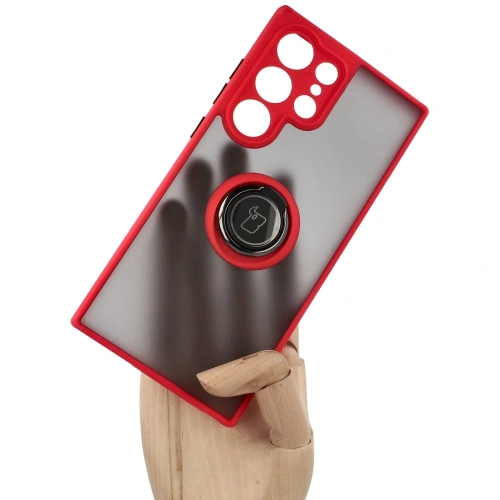 Etui z uchwytem na palec Bizon Case Hybrid Ring do Samsung Galaxy S23 Ultra przydymione z czerwoną ramką