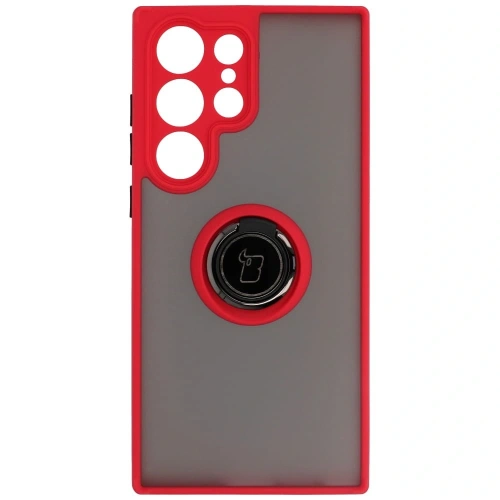 Etui z uchwytem na palec Bizon Case Hybrid Ring do Samsung Galaxy S23 Ultra przydymione z czerwoną ramką