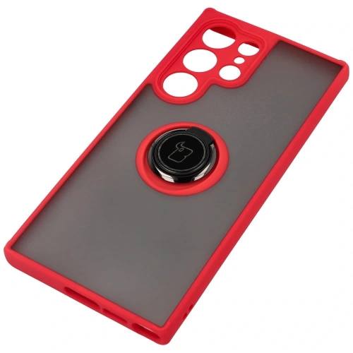 Etui z uchwytem na palec Bizon Case Hybrid Ring do Samsung Galaxy S23 Ultra przydymione z czerwoną ramką