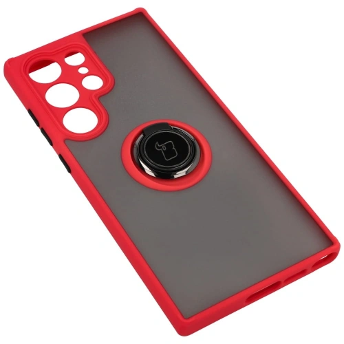 Etui z uchwytem na palec Bizon Case Hybrid Ring do Samsung Galaxy S23 Ultra przydymione z czerwoną ramką