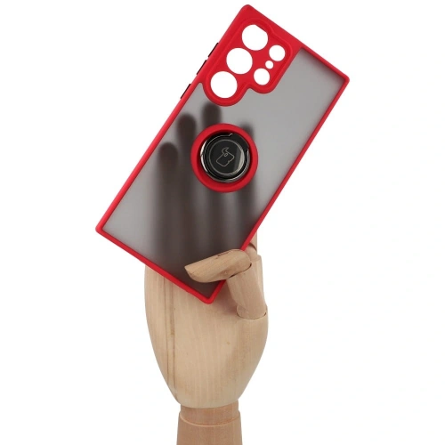 Etui z uchwytem na palec Bizon Case Hybrid Ring do Samsung Galaxy S23 Ultra przydymione z czerwoną ramką