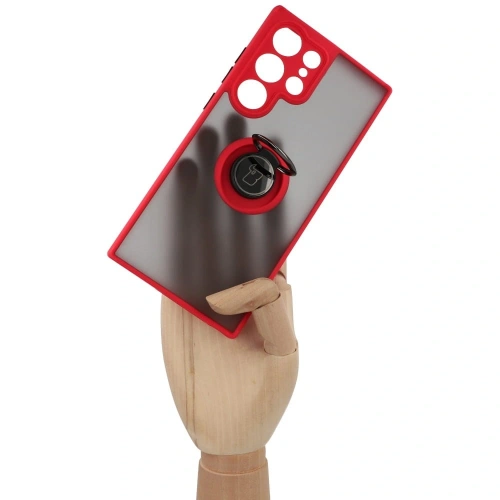 Etui z uchwytem na palec Bizon Case Hybrid Ring do Samsung Galaxy S23 Ultra przydymione z czerwoną ramką