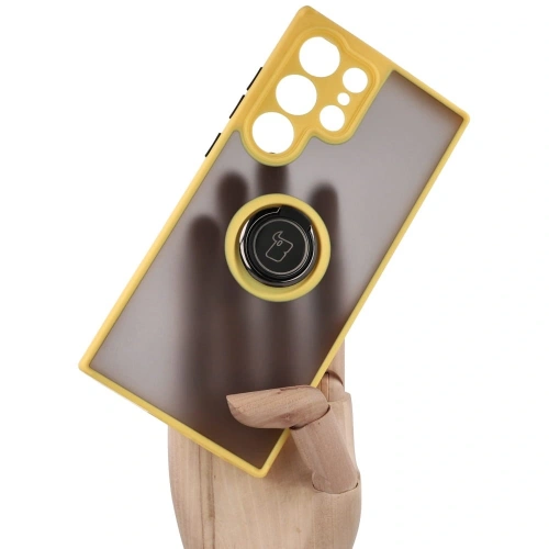 Etui z uchwytem na palec Bizon Case Hybrid Ring do Samsung Galaxy S23 Ultra przydymione z żółtą ramką