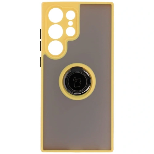 Etui z uchwytem na palec Bizon Case Hybrid Ring do Samsung Galaxy S23 Ultra przydymione z żółtą ramką