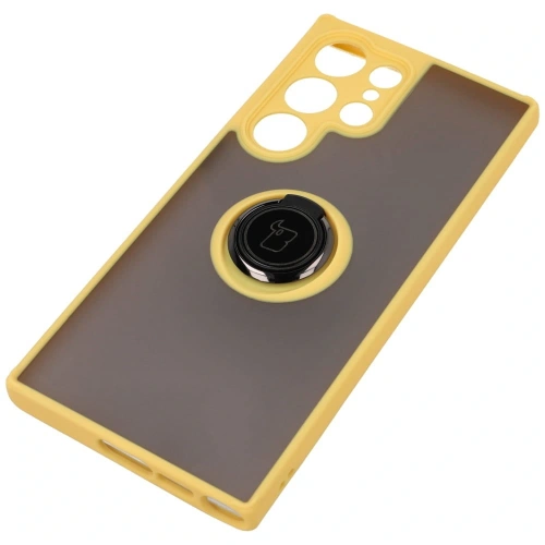 Etui z uchwytem na palec Bizon Case Hybrid Ring do Samsung Galaxy S23 Ultra przydymione z żółtą ramką