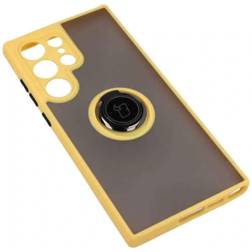Etui z uchwytem na palec Bizon Case Hybrid Ring do Samsung Galaxy S23 Ultra przydymione z żółtą ramką