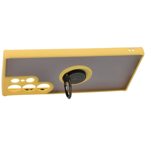 Etui z uchwytem na palec Bizon Case Hybrid Ring do Samsung Galaxy S23 Ultra przydymione z żółtą ramką