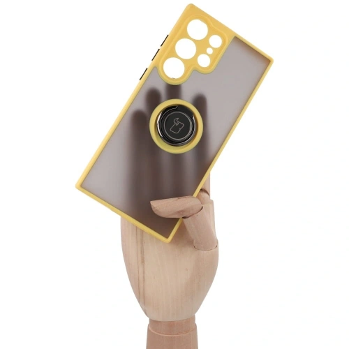 Etui z uchwytem na palec Bizon Case Hybrid Ring do Samsung Galaxy S23 Ultra przydymione z żółtą ramką