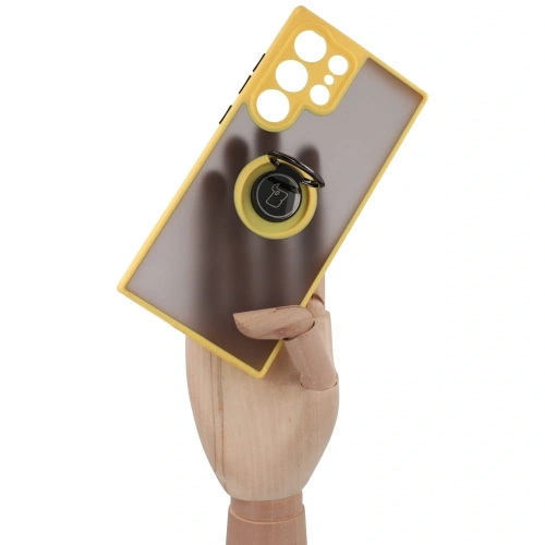 Etui z uchwytem na palec Bizon Case Hybrid Ring do Samsung Galaxy S23 Ultra przydymione z żółtą ramką