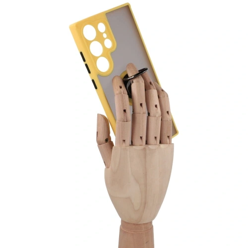 Etui z uchwytem na palec Bizon Case Hybrid Ring do Samsung Galaxy S23 Ultra przydymione z żółtą ramką