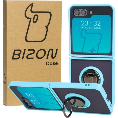 Etui z uchwytem na palec Bizon Case Hybrid Ring do Samsung Galaxy Z Flip5 przydymione z jasnoniebieską ramką