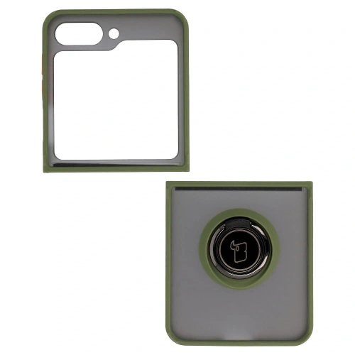Etui z uchwytem na palec Bizon Case Hybrid Ring do Samsung Galaxy Z Flip5 przydymione z zieloną ramką