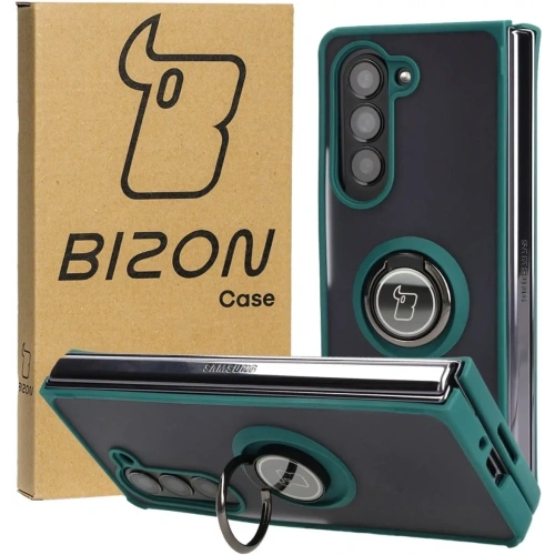Etui z uchwytem na palec Bizon Case Hybrid Ring do Samsung Galaxy Z Fold5 przydymione z ciemnozieloną ramką