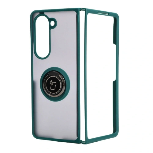 Etui z uchwytem na palec Bizon Case Hybrid Ring do Samsung Galaxy Z Fold5 przydymione z ciemnozieloną ramką