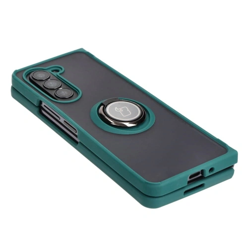 Etui z uchwytem na palec Bizon Case Hybrid Ring do Samsung Galaxy Z Fold5 przydymione z ciemnozieloną ramką