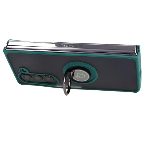 Etui z uchwytem na palec Bizon Case Hybrid Ring do Samsung Galaxy Z Fold5 przydymione z ciemnozieloną ramką