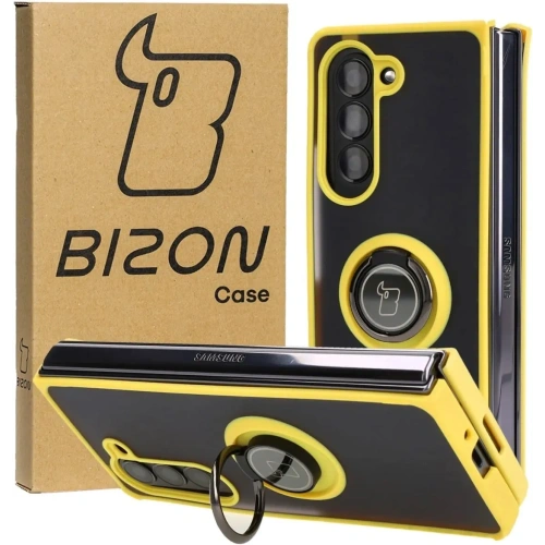 Etui z uchwytem na palec Bizon Case Hybrid Ring do Samsung Galaxy Z Fold5 przydymione z żółtą ramką