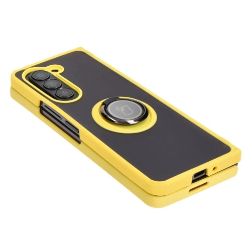 Etui z uchwytem na palec Bizon Case Hybrid Ring do Samsung Galaxy Z Fold5 przydymione z żółtą ramką