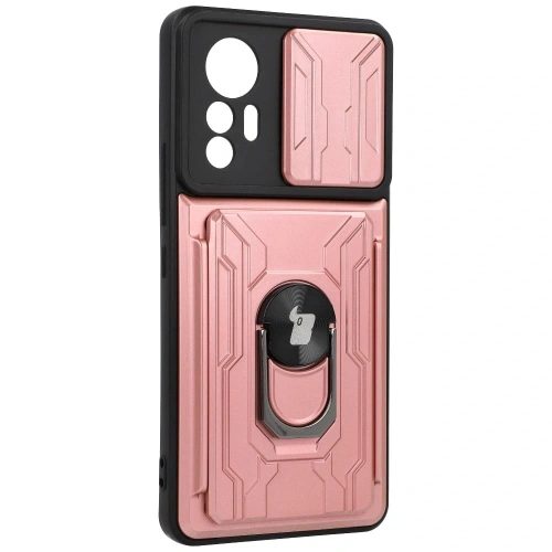 Etui Bizon Case Camshield Card Slot Ring do Xiaomi 12 Lite jasnoróżowe