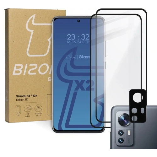 Szkło hartowane Bizon Glass Edge 3D - [2 PACK] + ochrona na obiektyw Xiaomi 12 / 12X czarne