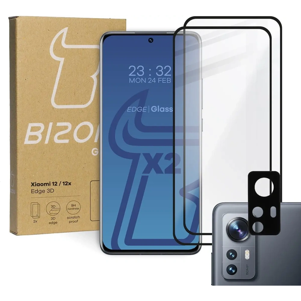 Hurtownia GSM - Bizon Edge de sticlă 3D din sticlă temperată - [2 PACHET] + protecție pentru lentile Xiaomi 12 / 12X negru - BIZ1926 - {ean13} - Hurt